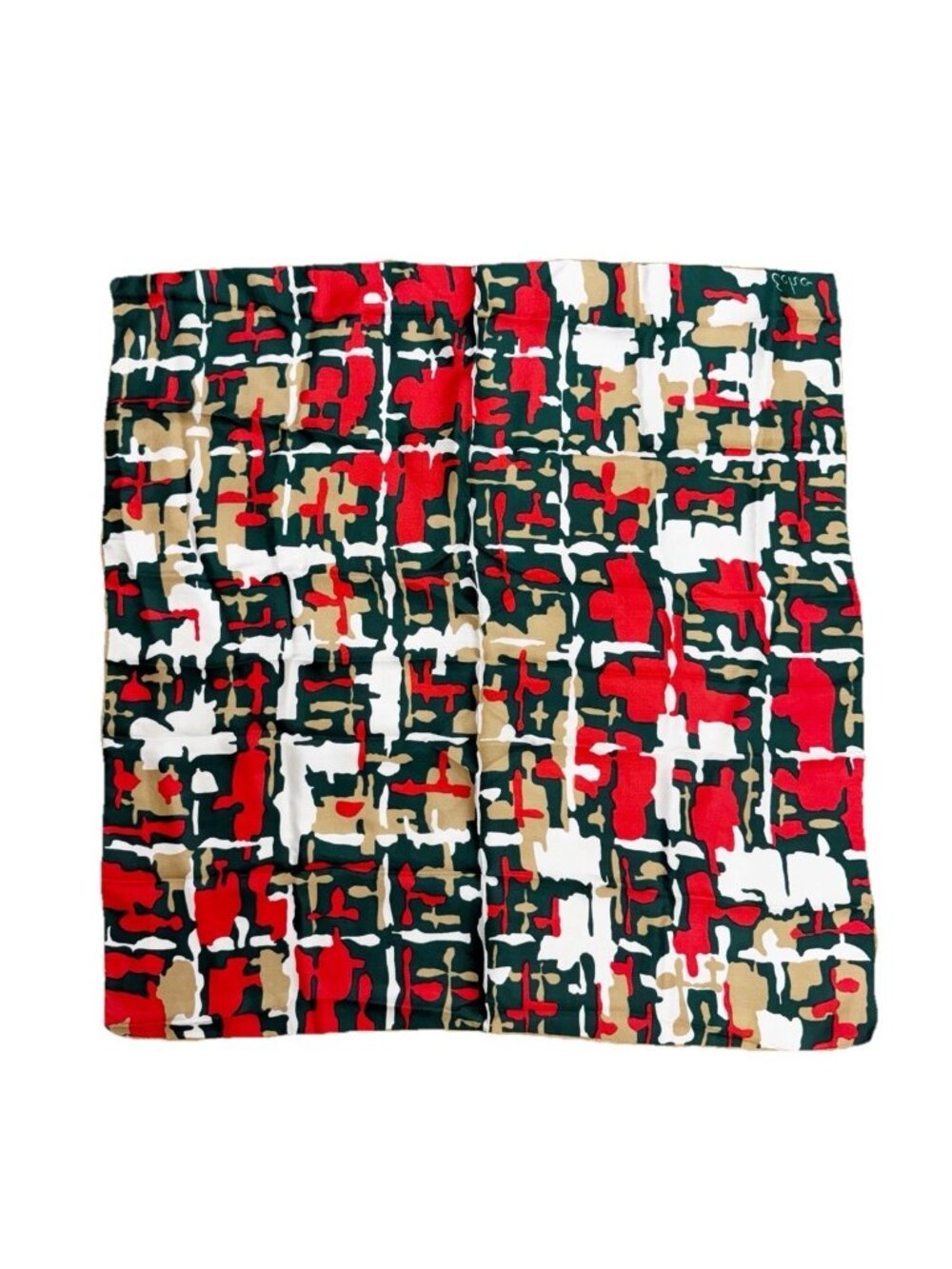 STUNNING Vintage Echo White Red Green Cubism Abstract Hand rolled Silk 27" X 26"